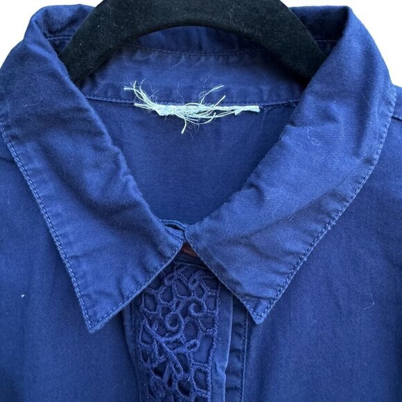 Vintage Womens Navy Blue Long Sleeve Hidden Buttons Lace Crochet Detail Shirt - Picture 6 of 8